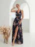 Elegant Flower Print Chiffon Dress for Women - Sexy Halter V Neck Backless Long Summer Fashion Party Dress